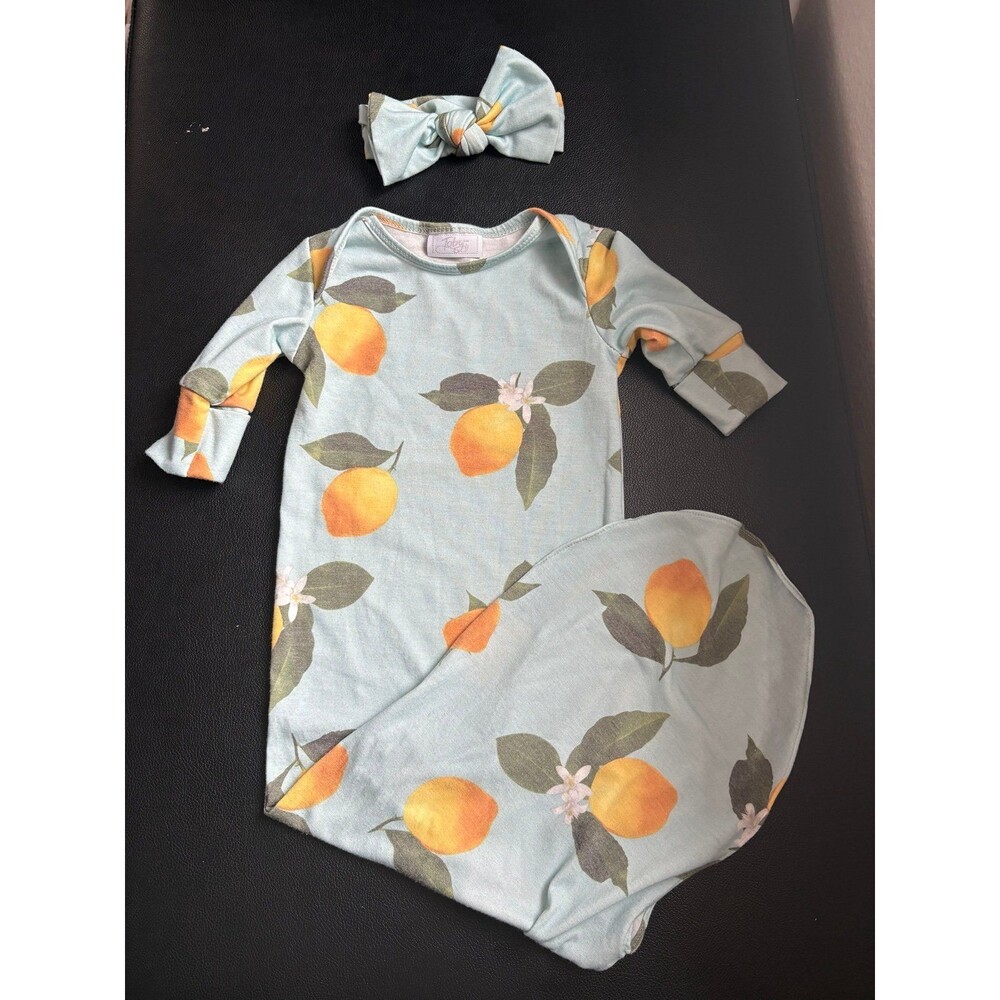 Toby Fairy Size 0-6M 2-piece Knot gown and bow headband in Blue with Lemons